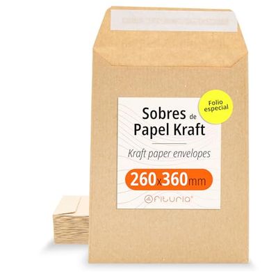 Enveloppes Kraft, avec bande de silicone pour invitations ou sachets-cadeaux pour invités lors de mariages, communions ou baptêmes. Enveloppes pour bijoux ou graines - Ofituria (260x360mm, 500 env.)