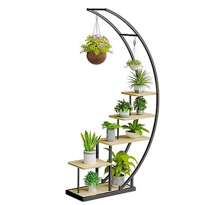 Ribelli Support de plantes en métal à 5 niveaux en forme de croissant de lune 172 cm, étagère pour plantes avec 5 étagères et crochets, support de fleurs haut avec protection anti-basculement pour