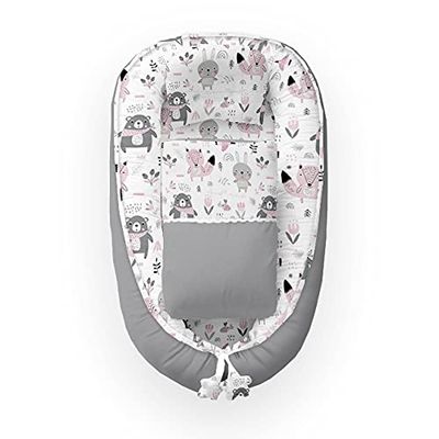 Kospu babynest con cuscino e coperta per neonati, 100% cotone, imbottitura in schiuma di poliestere e perline in silicone, paracolpi 90 x 70 cm