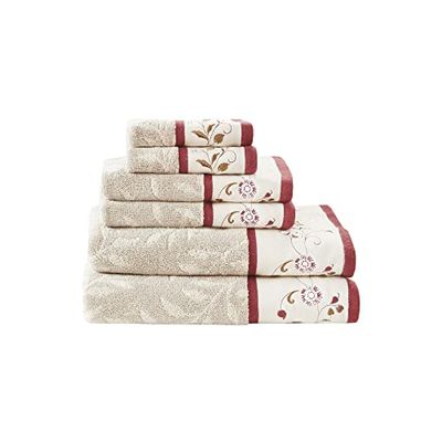 Madison Park Serene Lot de Serviettes de Bain 100% Coton, Broderie Florale, Motif Jacquard Doux, très Absorbant pour la Douche, Plusieurs Tailles, Rouge