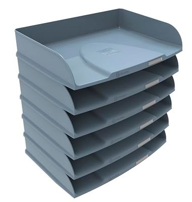 Exacompta - Rif. 10570D - Set di 6 cestini per posta orizzontali Combo Styli Autentik, per documenti in formato orizzontale, porta etichetta inclusa, sovrapponibile, dim 25,5 x 36,5 x 6,5 cm, blu