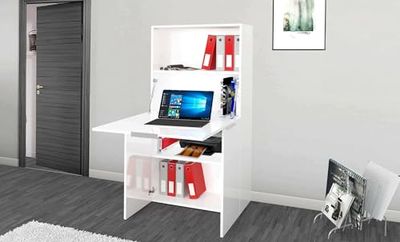 Dmora Gianpiero Multi-Position Space Saving Desk for Office Shelves and Worktop, 100% Made in Italy, 70 x 35 x 140 cm, Glossy White, White Gloss