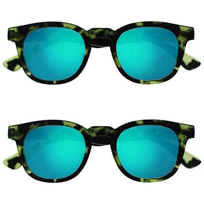 OPULIZE Bay Gafas de Lectura Solares Pack de 2 Montura Ancha Redonda Verde Carey Mate Resistente a los Arañazos Bisagras con Muelle Lente Tintado con Protección UV400 Hombre Mujer SS97-6 +1.50