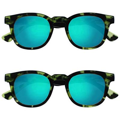 Opulize Bay 2 Pack Mirrored Thick Round Mens Womens Matt Green Tortoiseshell Sun Readers Reading Glasses SS97-6 +1.50