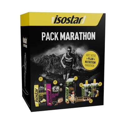Isostar Pack Marathon - Pack Nutrition Complet pour répondre aux Besoins Nutritifs des Marathoniens, Assortiment boissons, gels et barres énergétiques, coffret 9 articles, 1.5 kg