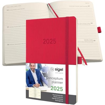 SIGEL C2534 Conceptum Weekly Planner 2025, Approx. A5, red, softcover, 2 Pages = 1 Week, 192 Pages
