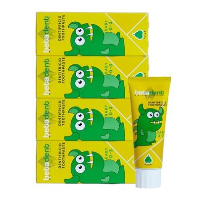 Betadent KIT 4 DENTIFRICIO BABY PER BAMBINI DA 0 A 3 ANNI. Senza Fluoro. Gusto Pera. Azione Antiplacca, facilita la dentizione. Formulazione naturale. 4x75ml