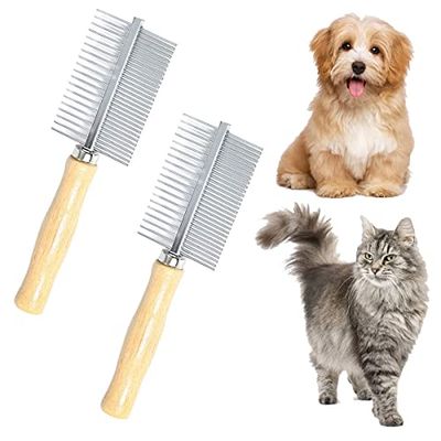 Lot de 2 peignes de toilettage pour chien en acier inoxydable double face avec poignée en bois pour animaux de compagnie de taille moyenne et grande