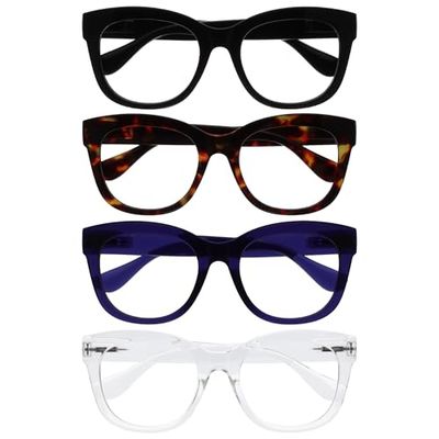 OPULIZE BIG Gafas lectura hombre y mujer - Gafas luz azul de moda con marco grande - Gafas para ordenador - Antirreflectante Antideslumbrante - UV400 - Pacquete de 4 Negro Marrón Azul Claro +1,00