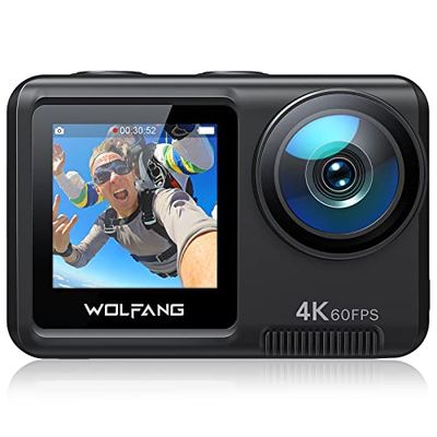 WOLFANG GA420 Cámara Deportiva Doble Pantalla 4K 60FPS 24MP, 10M Cuerpo/40M Impermeable, WiFi Webcam Videocámara Subacuática, Micrófono Dual, Control Remoto, EIS, 2x1350mAh Baterías,Accesorios