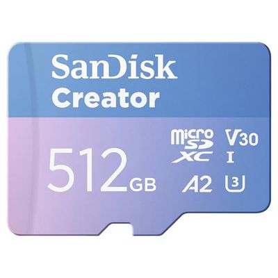 SanDisk Creator microSDXC UHS-I 512GB + SD adapter (For Smartphones, Camera's and Drones, 5,3K & 4K, A2, C10, V30, U3, Speeds up to 190 MB/s, 3 months Adobe Lightroom included)