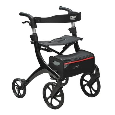 VEVOR Folding Rollator Walker for Seniors and Adults, Lightweight Aluminum Rolling Walker with Seat and Adjustable Handle, 4-Wheel Outdoor Mobility Walker with Spacious Storage Bag, 300LBS Capacity