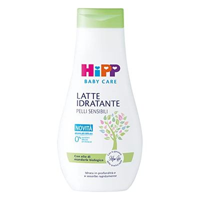 HiPP Baby Care Hydraterende melk voor kinderen, diepe vochtigheid, voor de gevoelige huid, pH-waarde, neutrale amandelolie en karitéboter, 1 fles van 350 ml