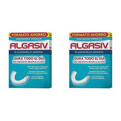 Algasiv Almohadillas Adhesivas para Dentaduras Postizas Inferiores, Dura Todo el Día y Protege las Encías, 30 Unidades (Paquete de 2)