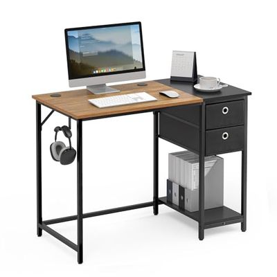 Mondeer Computerbureau, bureau met 2 laden en opbergplank links of rechts, 100 x 50 x 76 cm, industriële stijl, thuiskantoor werkstation studie, rustiek bruin en zwart
