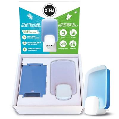 STEM Trappola LED Antimosche, Antimoscerini e Antitarme, Senza Insetticida, Protezione 24/7 dagli Insetti Volanti, per Uso Interno, 1 Base e 1 Ricarica