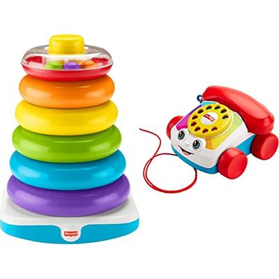 Fisher-Price Teléfono Carita Divertida (Mattel FGW66) y Pirámide Balanceante Gigante, Color Surtido (Mattel GJW15)