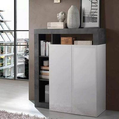 Dmora - Credenza Gusana, Buffet da Soggiorno, Madia da Salotto, Dispensa da Cucina, Made in Italy, 108x42 h127 cm, Bianco Lucido e Ardesia