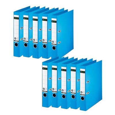 Leitz Archivador de calidad 10080030 (10 unidades, A4, estrecho, ancho de lomo de 5,2 cm, laminado con papel especial con textura de lino, Blauer Engel, azul claro)