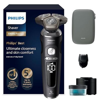 Philips Rasoio Serie 9000 Prestige, rasoio elettrico a secco e umido, nero opaco, sistema di rasatura Lift&Cut, tecnologia SkinIQ, regolabarba, base per pulizia, custodia (modello SP9840/31)