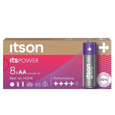 ITSON, AA batterie alcaline, confezione da 8, per orologi, torce, telecomandi, confezione senza plastica, LR6IPO/8CB
