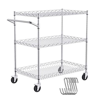 VEVOR Kitchen Utility Cart, 3 Tiers, Wire Rolling Cart with 2.9m Capacity, Steel Service Cart on Wheels, Metal Storage Trolley with 80mm Deep Basket Curved Handle 6 Hooks, for Indoor and Outdoor Use