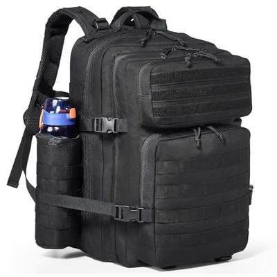 VEVOR Sac à dos tactique, 45 L, sac d'assaut militaire avec design Molle et 3 compartiments, sac de sport pour homme et femme, sac à dos de matériel de tir pour aventure en plein air, randonnée, noir