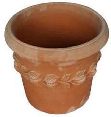 VASO CILINDRO CON LIMONI IN RILIEVO IN TERRACOTTA PER PIANTE E FIORI; DIAMETRO CM. 44, ALTEZZA CM. 38 – FATTO A MANO CON ARGILLA GALESTRO – MADE IN ITALY.