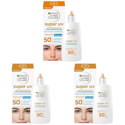 Garnier Antioxidante Super UV Protección Solar Fluid SPF 50+ Crema solar ligera y no grasa con ácido hialurónico Ambre Solaire 40ml (Paquete de 3)