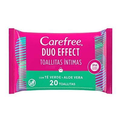 Carefree, Toallitas Higiene Íntima, Acción Refrescante con Té Verde y Aloe Vera, Clínicamente Testadas, paquete de 20 toallitas