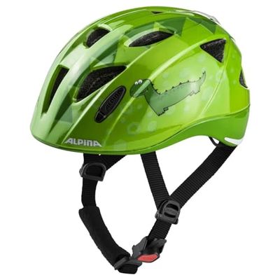 ALPINA Ximo Flash - Verlichte en reflecterende, lichte en aanpasbare led-fietshelm voor kinderen, groen dino gloss, 45-49 cm