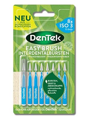 DenTek Eco Easybrush - Spazzolino interdentale ISO 3, 8 pezzi, a base vegetale, 0,6 medio, per spazi interdentali normali, con sapore di menta e tappo di protezione igienica, riutilizzabile