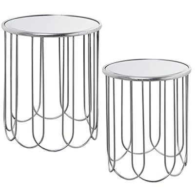 DRW Lot de 2 Tables d'appoint Rondes en métal et Miroir en Argent 42 x 50 cm et 37 x 45 cm