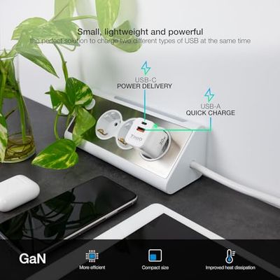 Cargador de Pared 30W GAN USB-C/PD y USB-A/QC, Ideal para Cargar Dispositivos electrónicos rápidamente y de Manera eficiente.