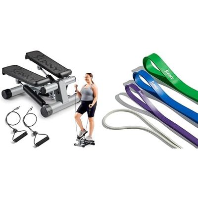 Sunny Health & Fitness Mini Stepper Machine, with Resistance Bands and LCD Monitor + Versatile Resistance Bands (Single or Combination Set) - 4.5-35kg Combo