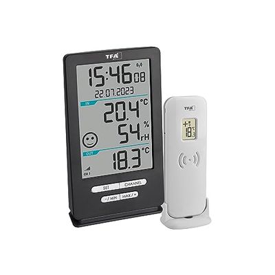 TFA Dostmann Termometro radio XENA HOME, 30.3074.10, per uso esterno e interno, monitoraggio del clima interno, con sensore esterno, valori massimi e minimi, temperatura, umidità, antracite