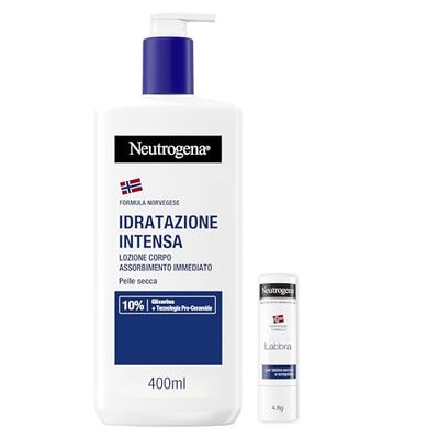 Neutrogena Formula Norvegese Skincare Kit, Set skincare viso e corpo con Crema Idratante Corpo Idratazione Intensa 400 ml e Balsamo Labbra Stick 4.8 g per pelle secca e screpolata – Esclusiva Amazon