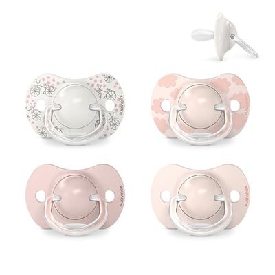 Suavinex, Lot 4 Sucettes pour Bébé 0/6 Mois, pour Nouveau-nés, Tétine Symétrique SX Pro en Silicone, Tétine plus Plate et Flexible, Réversible, Respecte le Développement Buccodentaire, Rose