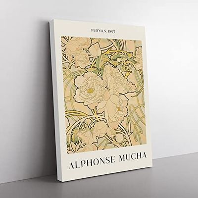 Peonies By Alphonse Mucha Classic Painting Canvas Wall Art Print Ready to Hang, Framed Picture for Living Room Bedroom Home Office Décor, 50x35 cm (20x14 Inch)