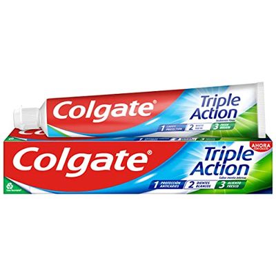 Colgate Triple ação pasta de dentes, 75 ml, dentífrico com fluor, pasta de dentes anticáries, ajuda a manter os dentes brancos, refresca o fôlego, para toda a família
