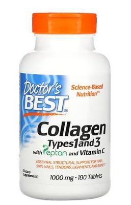 Doctor's Best Collagène Types 1 et 3 avec Vitamine C, 1000mg - 180 Comprimés | Soutien pour la Peau et les Articulations | Qualité Supérieure