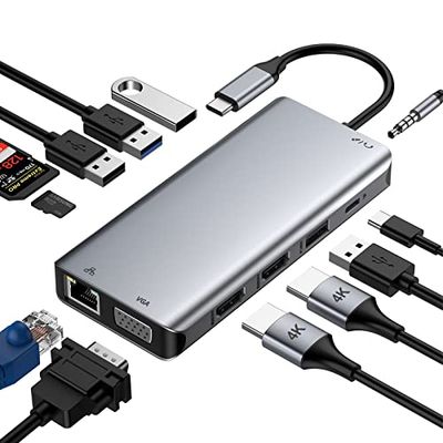 GIISSMO Docking Station USB C 12 in1 USB C Hub con Dual 4K HDMI, VGA, Ethernet RJ45, 2 USB 3.0, 2 USB 2.0, 100 W PD e TF/SD, AUX 3,5 mm per MacBook Pro/Air e altri dispositivi di tipo C