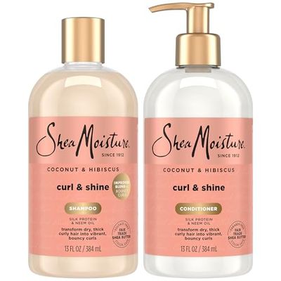 Shea Moisture Coconut & Hibiscus Curl & Shine Shampoo and Conditioner Set W/Silk Protein and Neem Oil 13 oz Bottles