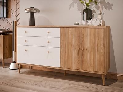 Forte HARLLSON Cómoda 160 Roble Mauvella/Blanco, Montaje EasyKlix, 2 cajones, 3 Puertas, Estilo escandinavo Retro, Patas Altas, 160x86x41 cm