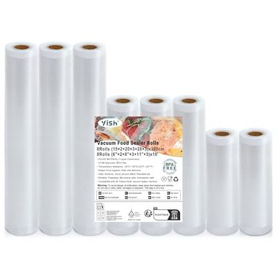 YISH Sacchetti Sottovuoto Alimenti 8 Rotoli:28/20/15/x300 cm Buste Sottovuoto Alimenti per Sous Vide e Macchine Sottovuoto, Rotolo Sottovuoto Alimenti 170µm