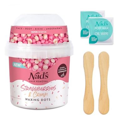 Nad's Hair Removal Hard Wax Beads - Full Body Hard Wax Kit For Women - Microwaveable Hot Wax No-Strip Formula (Strawberries & Cream) 200g with 2 Applicators & 2 Oil Wipes
