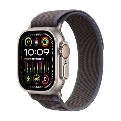 Apple Watch Ultra 2 GPS + Cellular 49mm Smartwatch con robusta cassa in titanio e Trail Loop blu/nero - S/M. Fitness tracker, GPS di precisione, tasto Azione, batteria a lunghissima durata