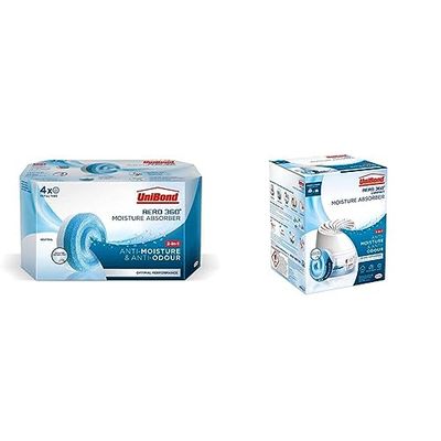 UniBond AERO 360° Moisture Absorber Neutral Refill Tab, ultra-absorbent and odour-neutralising, (4 x 450g), UniBond AERO 360 Compact Moisture Absorber, Ultra-Absorbent Dehumidifier