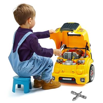 VEVOR Motorleksak, 60 delar, bilreparationsset för barn, med avtagbara delar, lampor och ljud, ratt och tupp, mekaniskt verkstadsset småbarn från 3 år, gul