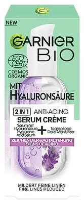 Garnier Crema antiedad 2 en 1 con ácido hialurónico de lavanda orgánica, contrarresta los signos del envejecimiento de la piel, 50 ml